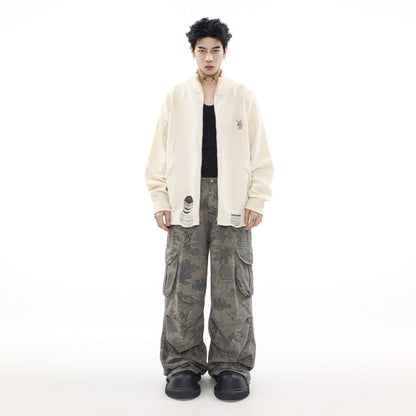 ダメージジップアップニットカーディガン アイボリー 着用 コーディネート High land