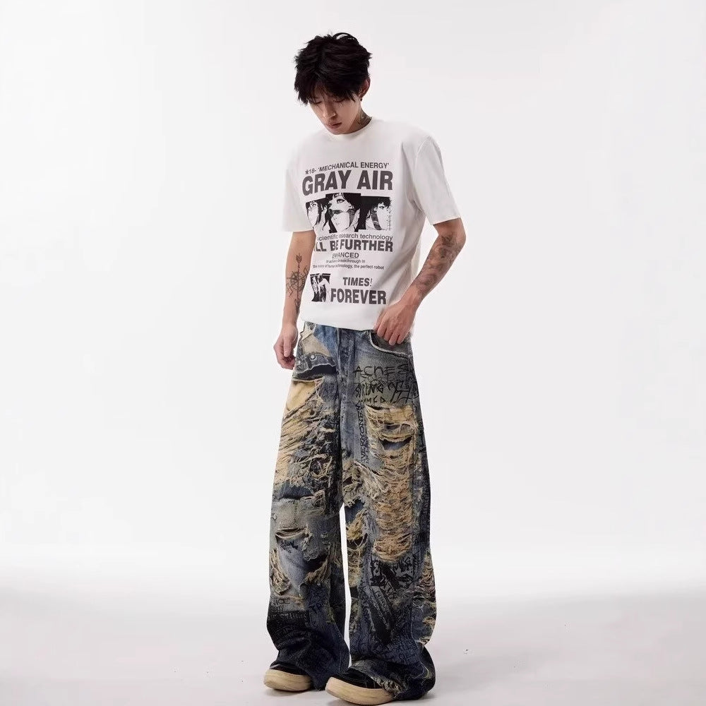 Distressed Graffiti Wide-Leg Jeans