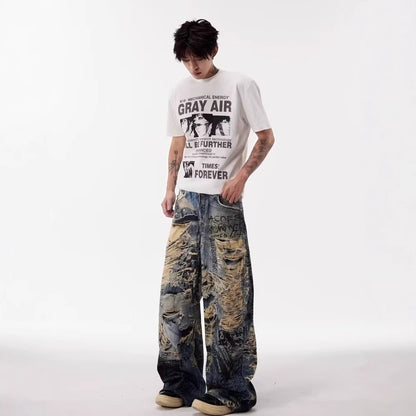 Distressed Graffiti Wide-Leg Jeans