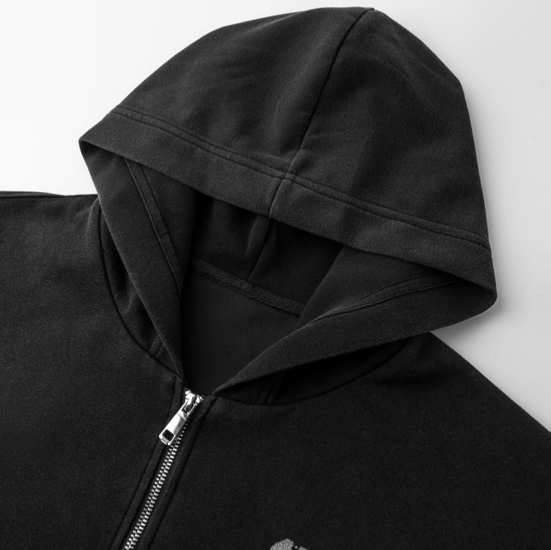 High landブラックジップアップパーカーのフード部分・生地ディテールアップ