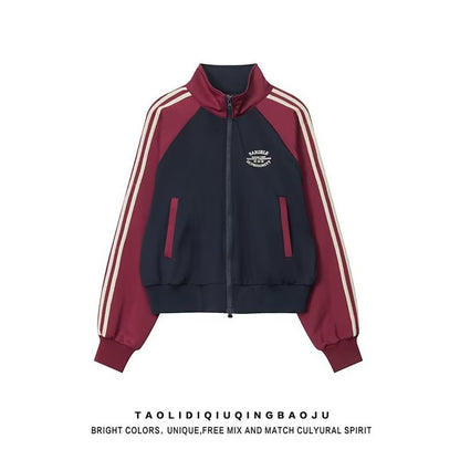 カラーブロックトラックジャケット ネイビー×ボルドー 平置き商品イメージ