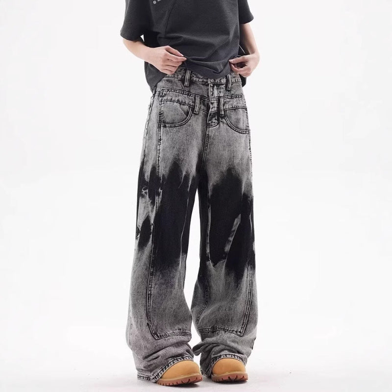 バイカラーブリーチデニムパンツ サイドシルエット 太めシルエット Highland