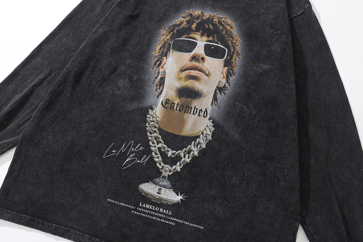 ビンテージ加工 フォトグラフィックプリント ロンT｜ストリート系ブラックロングスリーブTシャツ メンズ レディース