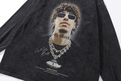 ビンテージ加工 フォトグラフィックプリント ロンT｜ストリート系ブラックロングスリーブTシャツ メンズ レディース