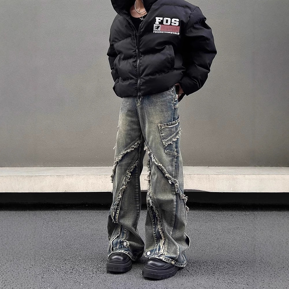 Fringe Detail Denim Pants - Gray