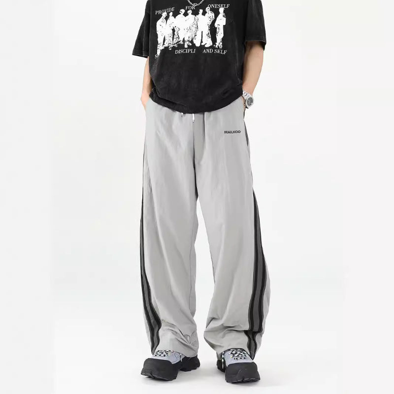 サイドライン ワイドナイロンパンツ ライトグレー 横ストライプデザイン High land