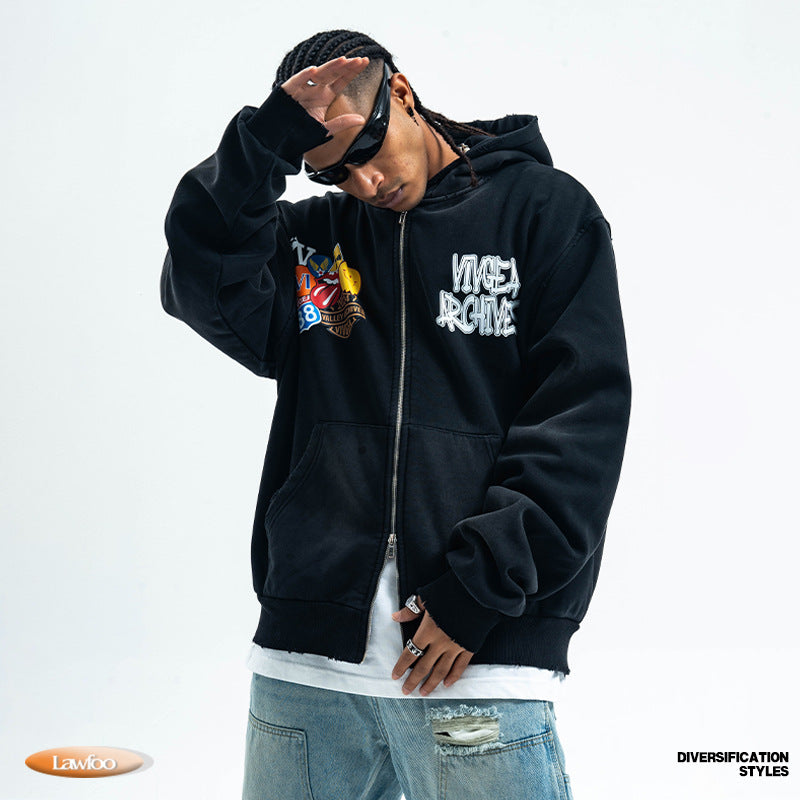 ヴィンテージワッペン刺繍フルジップパーカー ポージング着用コーデ 正面 High land