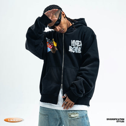 ヴィンテージワッペン刺繍フルジップパーカー ポージング着用コーデ 正面 High land