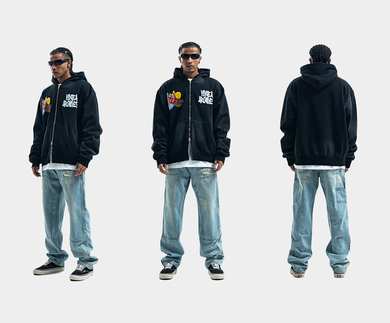 ヴィンテージワッペン刺繍フルジップパーカー 着用フロント・サイド・バック High land