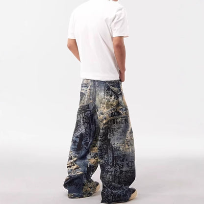 Distressed Graffiti Wide-Leg Jeans