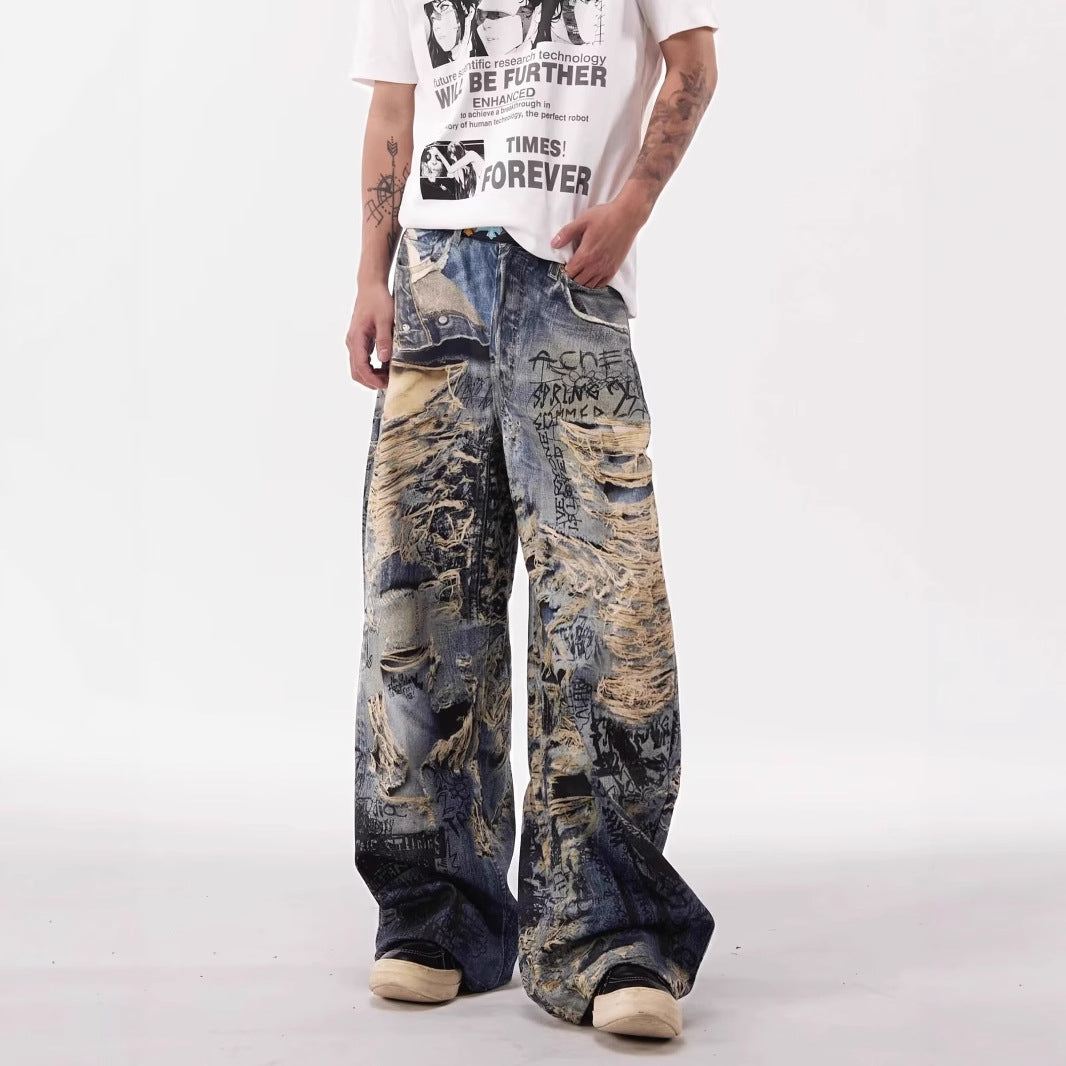 Distressed Graffiti Wide-Leg Jeans