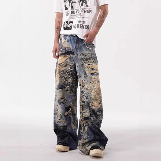 Distressed Graffiti Wide-Leg Jeans