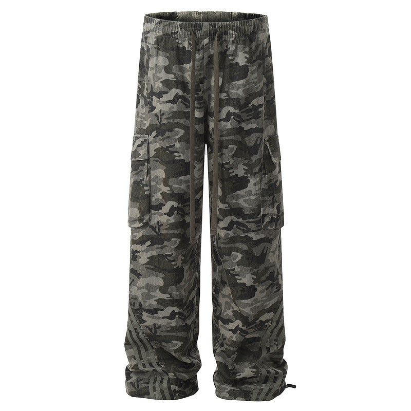 カモフラージュワイドカーゴパンツ サイドラインディテール ストリートファッション Highland