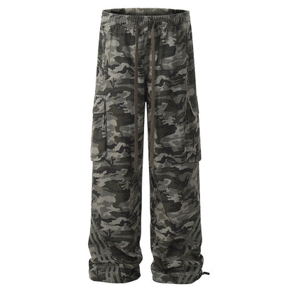 カモフラージュワイドカーゴパンツ サイドラインディテール ストリートファッション Highland