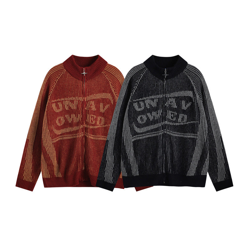レトロロゴ ジャカードニットジップアップ 2色展開 レッド系 ブラック系 High land