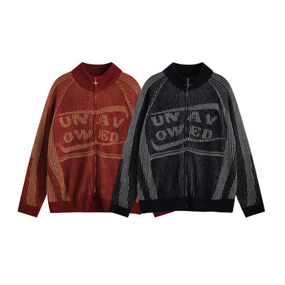 レトロロゴ ジャカードニットジップアップ 2色展開 レッド系 ブラック系 High land