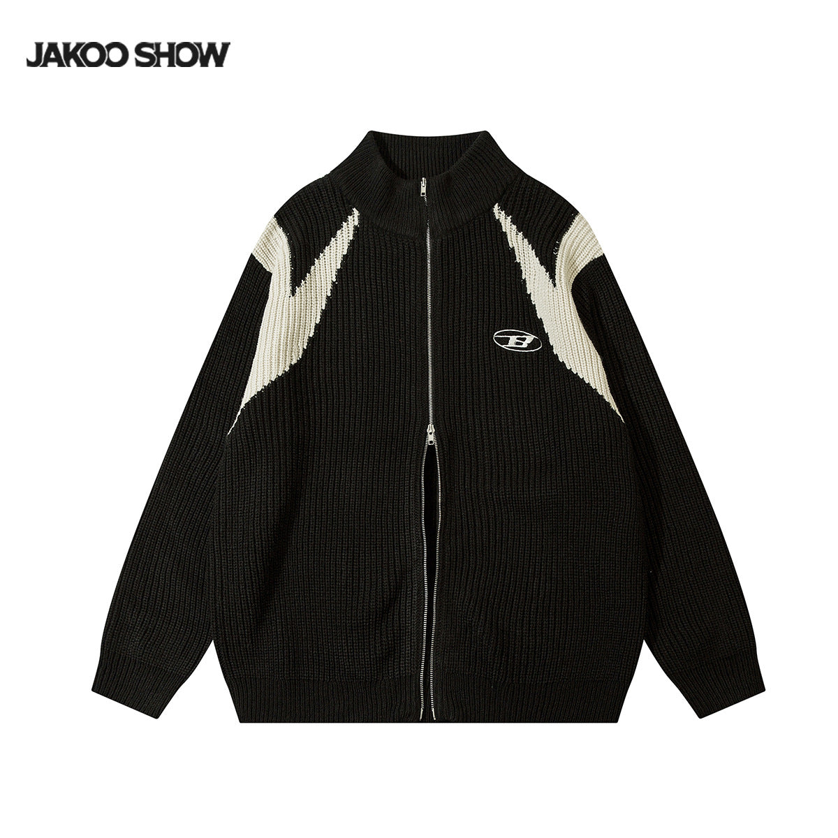 ブラック バイカラーニットジップアップ 正面 JAKOO SHOW
