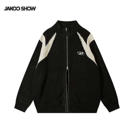 ブラック バイカラーニットジップアップ 正面 JAKOO SHOW