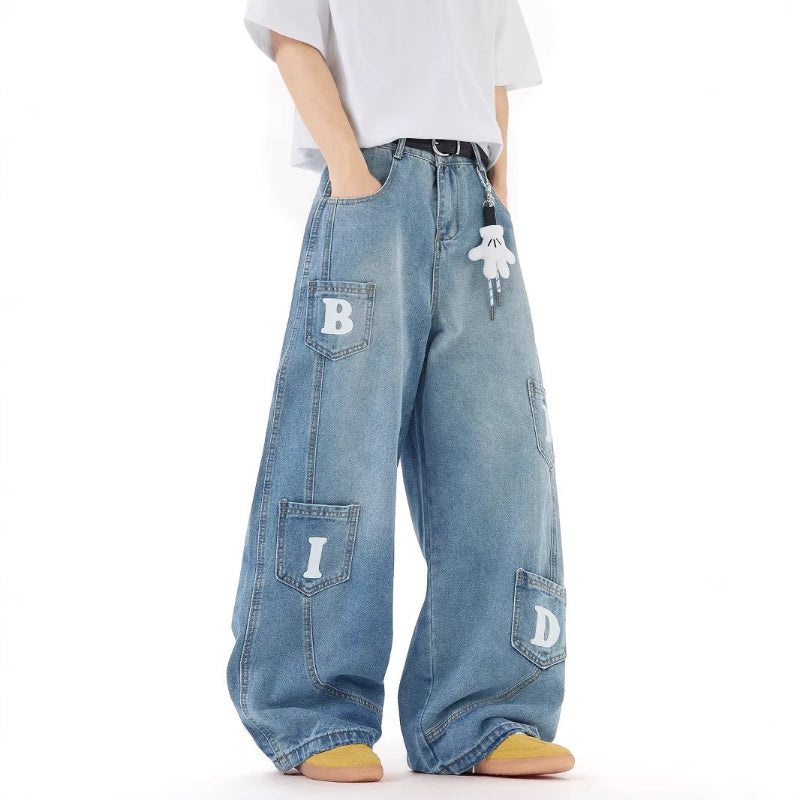 レターパッチデザイン ワイドシルエットデニムパンツ サイドスタイル ストリート Highland