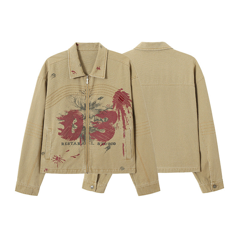 アートプリント入りベージュジャケット フロント＆バックストリート系デザイン メンズ レディース ユニセックス