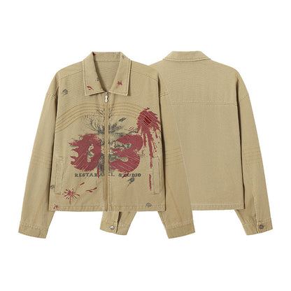 アートプリント入りベージュジャケット フロント＆バックストリート系デザイン メンズ レディース ユニセックス