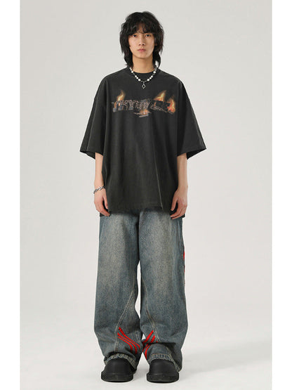 サイドラインワイドデニムパンツ フロント全身コーデ オーバーサイズTシャツ 韓国Y2Kファッション High land