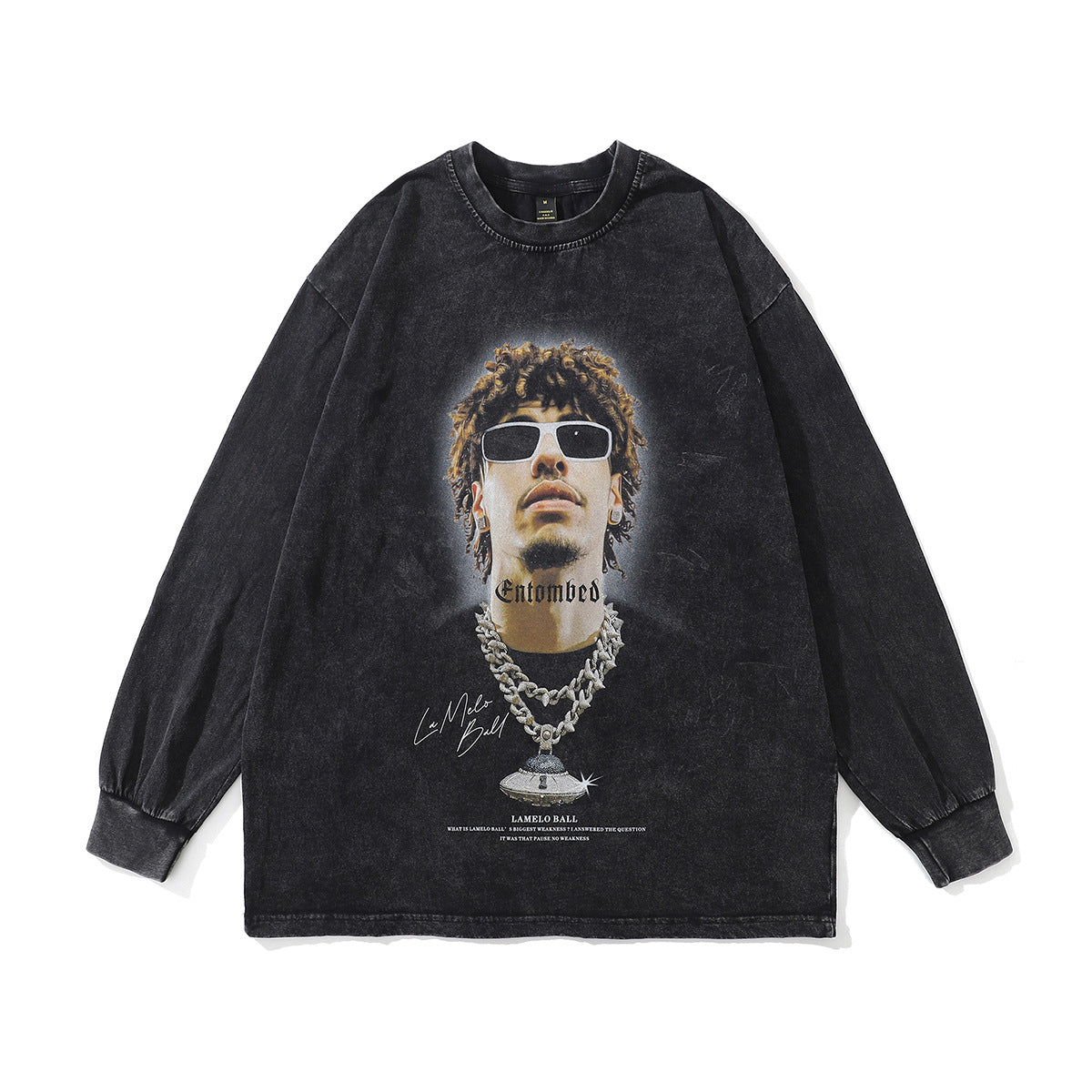 ビンテージ加工フォトグラフィックプリントロングTシャツ 前面デザイン ストリートファッション 韓国系ユニセックス