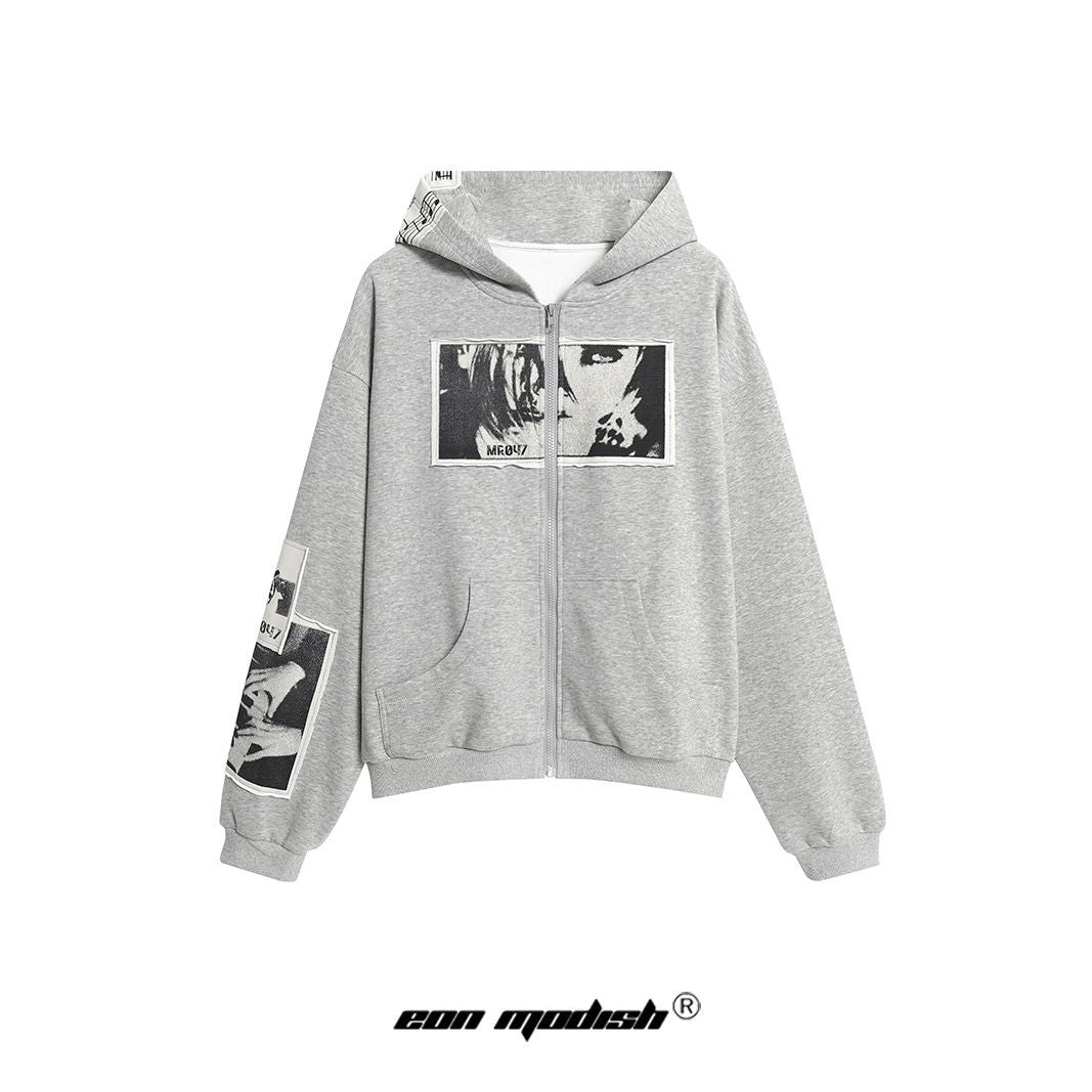 Graphic Photo Print Zip-Up Hoodie