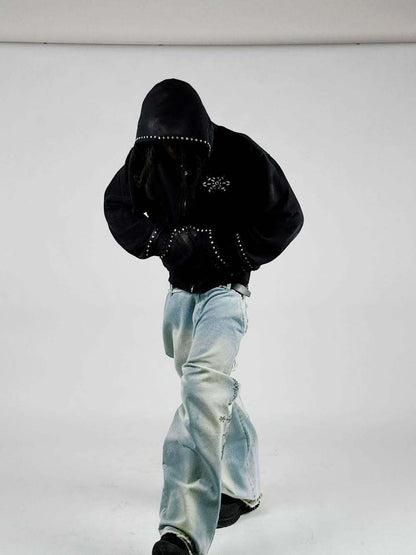 ブラック スタッズデザインジップパーカー ストリートユニセックス Highland