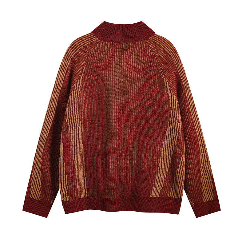 レッド系 ジャカードニットジップアップ 背面 High land