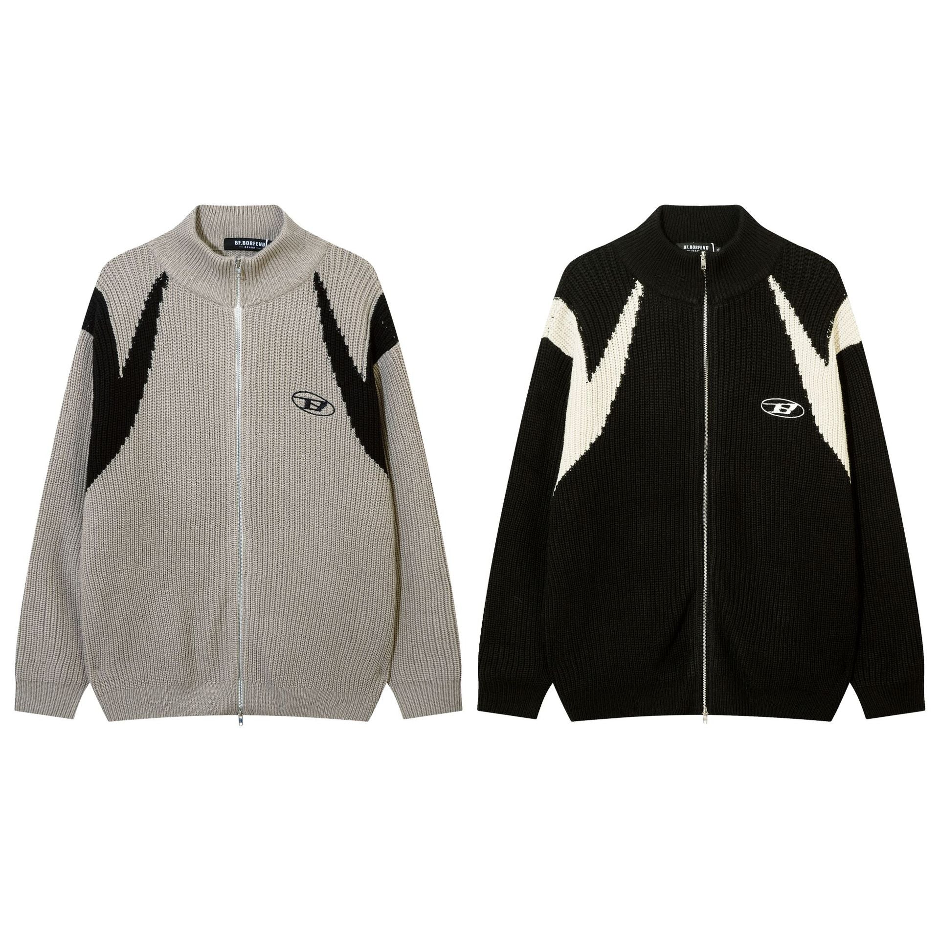 バイカラー ニットジップアップ 2カラー展開 ライトベージュ×ブラック ブラック×アイボリー JAKOO SHOW