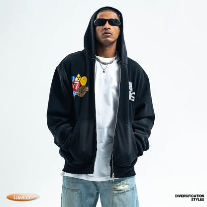 ヴィンテージワッペン刺繍フルジップパーカー 韓国ストリート コーデセット High land