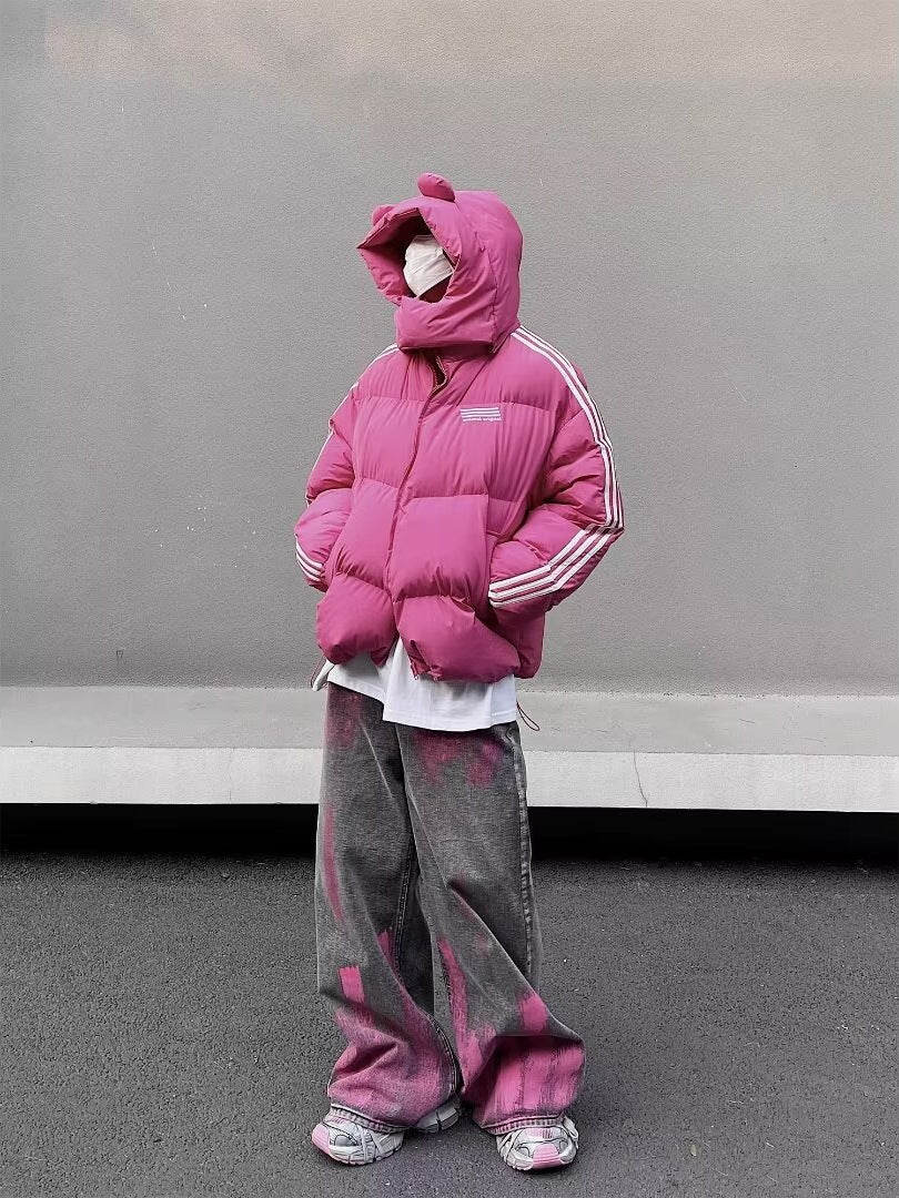 グレーデニム ピンクブラッシュ ワイドパンツ クローズアップ プリントディテール High land