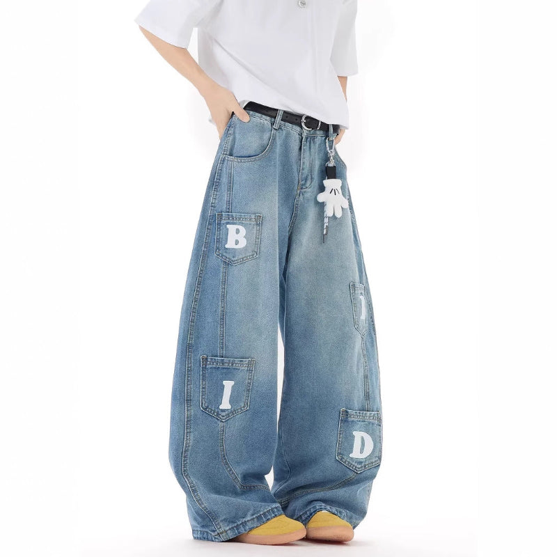 Street denim pants with key chain
