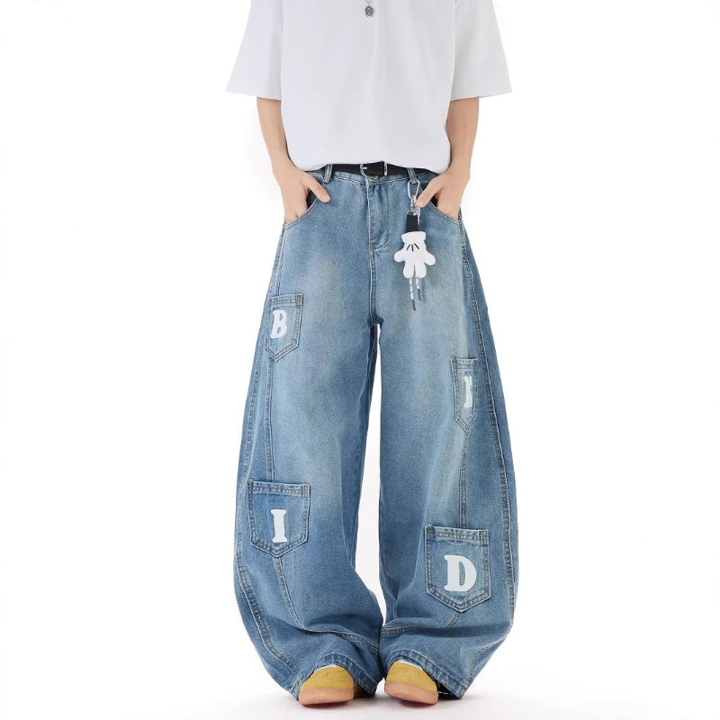 Street denim pants with key chain