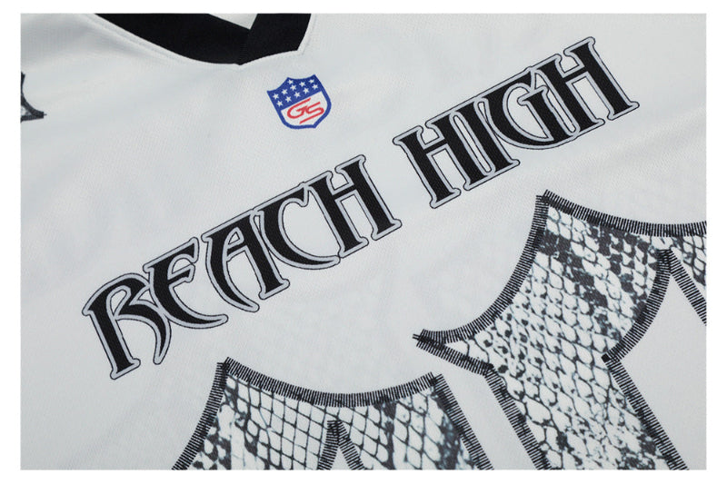 REACH HIGHフットボールTシャツ フロントロゴ＆スネークプリントアップ Highland
