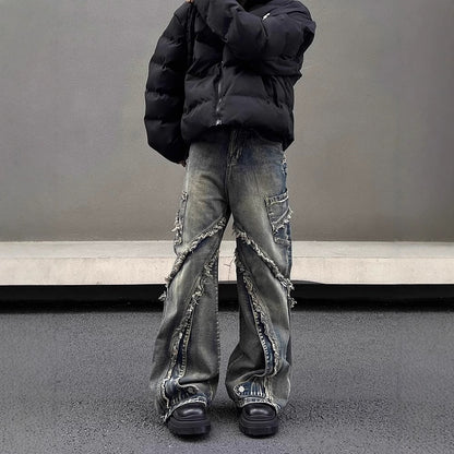 Fringe Detail Denim Pants - Gray