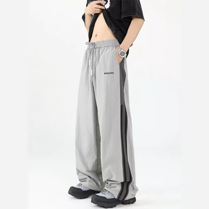 サイドライン ワイドナイロンパンツ ライトグレー 横ストライプデザイン High land