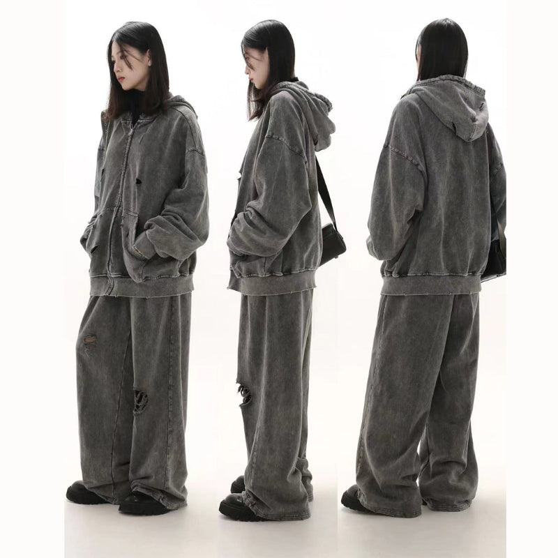 ダメージワイドデニムパンツ オーバーサイズ フルコーデ横・後ろ姿 High land