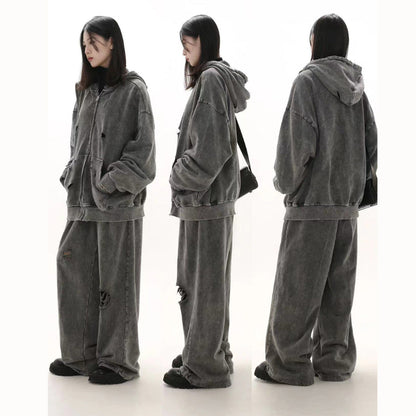 ダメージワイドデニムパンツ オーバーサイズ フルコーデ横・後ろ姿 High land