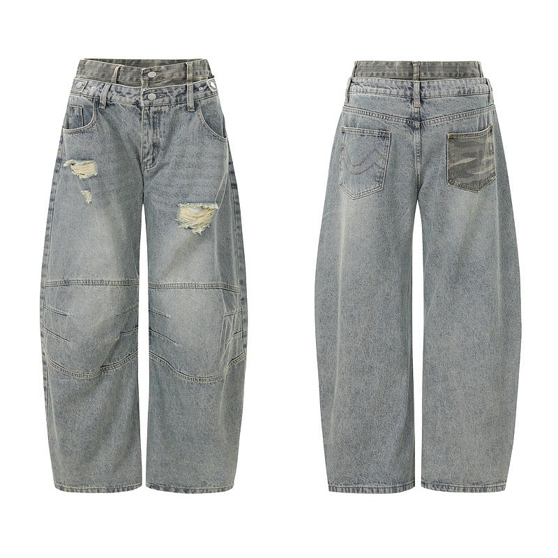 ダブルウエスト ダメージワイドデニムパンツ 前後デザイン ストリートユニセックス Highland
