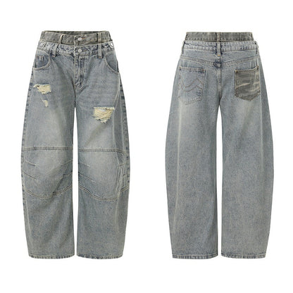 ダブルウエスト ダメージワイドデニムパンツ 前後デザイン ストリートユニセックス Highland