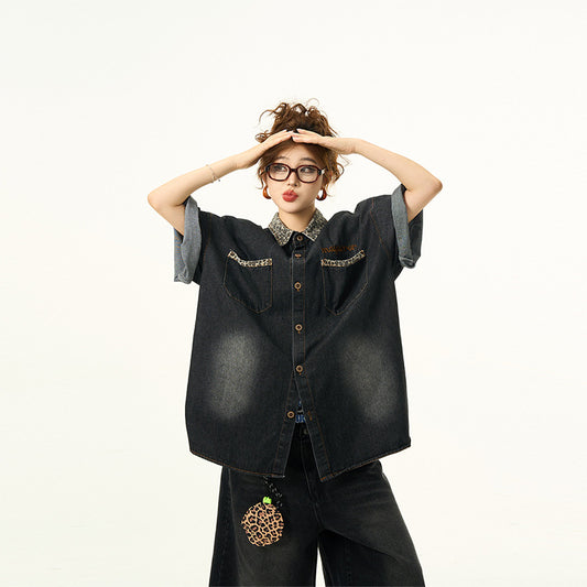 レオパードアクセントデニム半袖シャツ ポーズイメージ ストリートファッション Highland