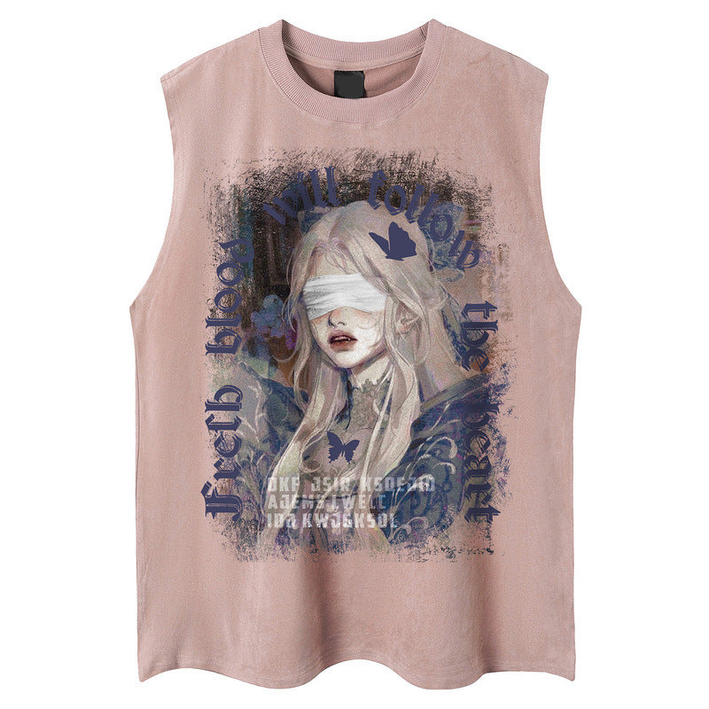 グラフィックガール ノースリーブTシャツ ピンク 女性イラストアートプリント Highland