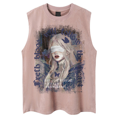 グラフィックガール ノースリーブTシャツ ピンク 女性イラストアートプリント Highland