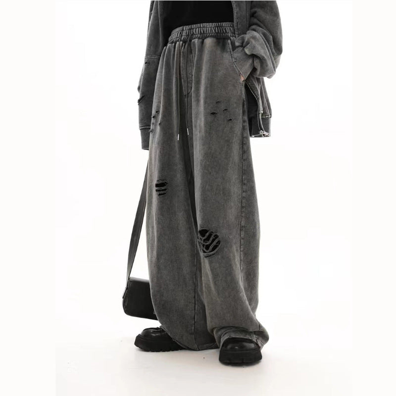 ダメージワイドデニムパンツ ブラック グレー 正面クラッシュ加工 High land
