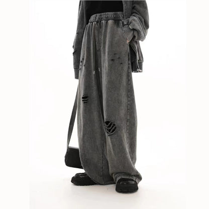 ダメージワイドデニムパンツ ブラック グレー 正面クラッシュ加工 High land