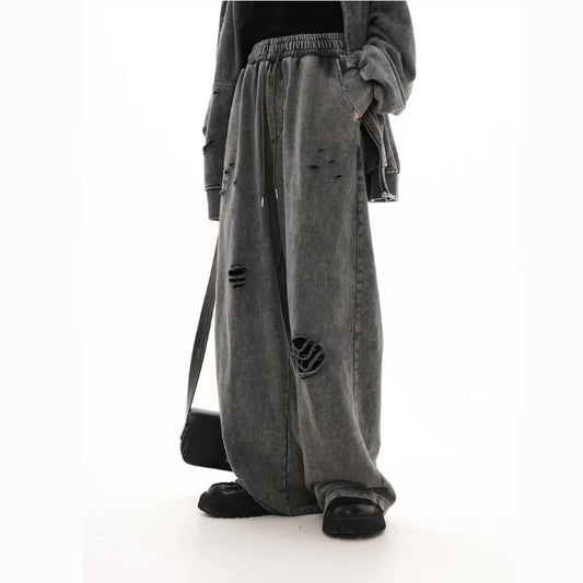 ダメージワイドデニムパンツ ブラック グレー 正面クラッシュ加工 High land