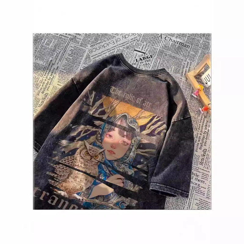 アートガール＆フクロウ ヴィンテージTシャツ バックイラスト大判プリント High land