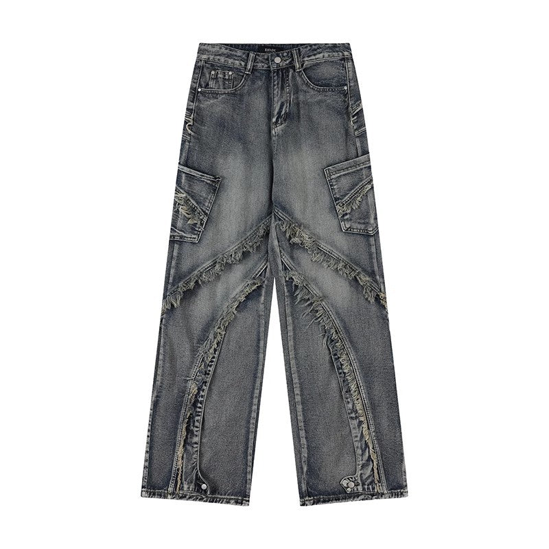 Fringe Detail Denim Pants - Gray